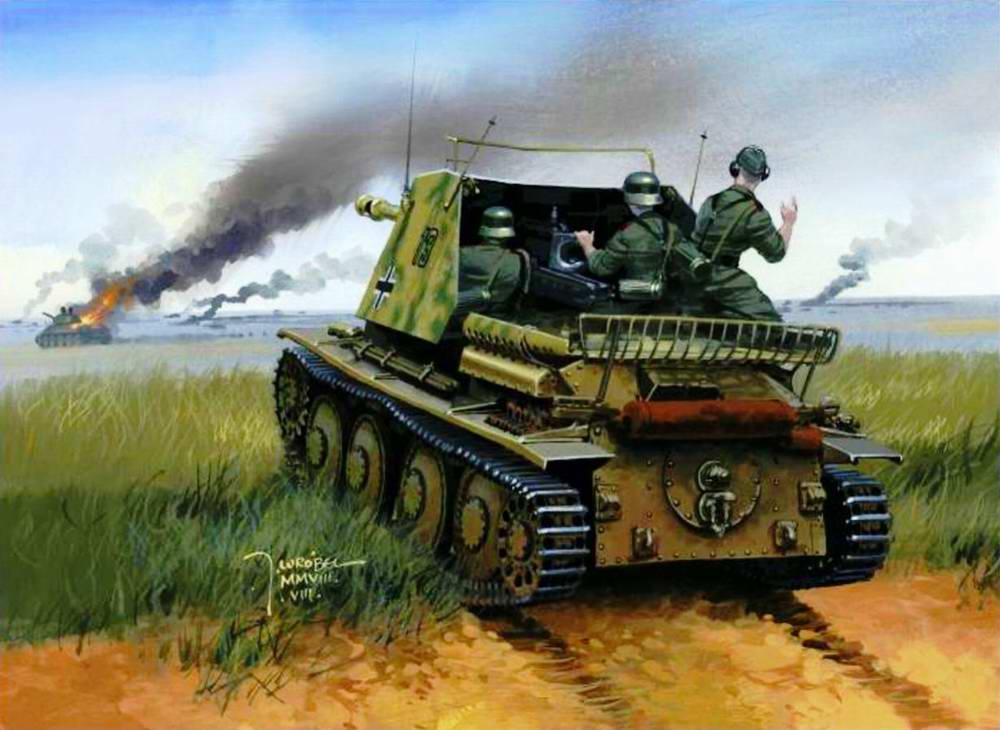 Немецкая САУ ведет огонь по советским танкам