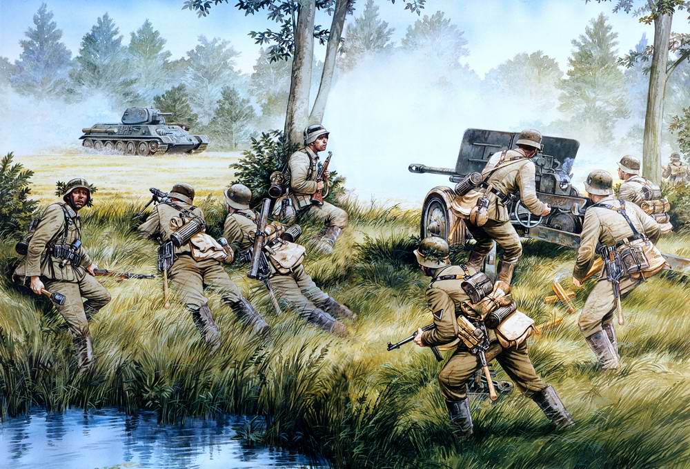 Солдаты 269 пехотной дивизии Вермахта ведут огонь по советскому танку