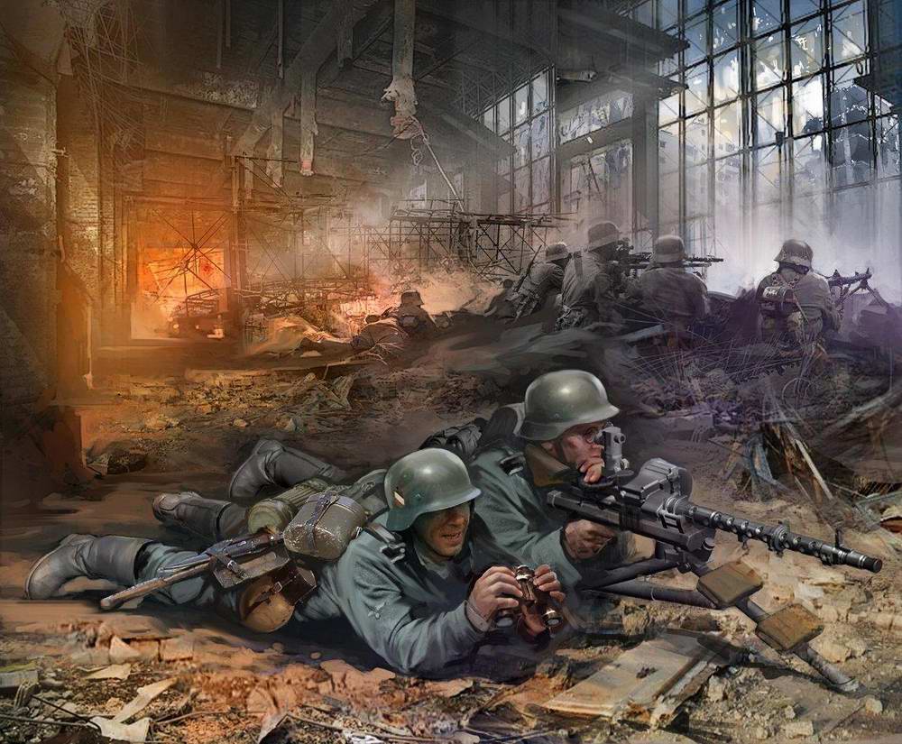 Сталинград - пулеметчики Вермахта в разрушенном цеху 