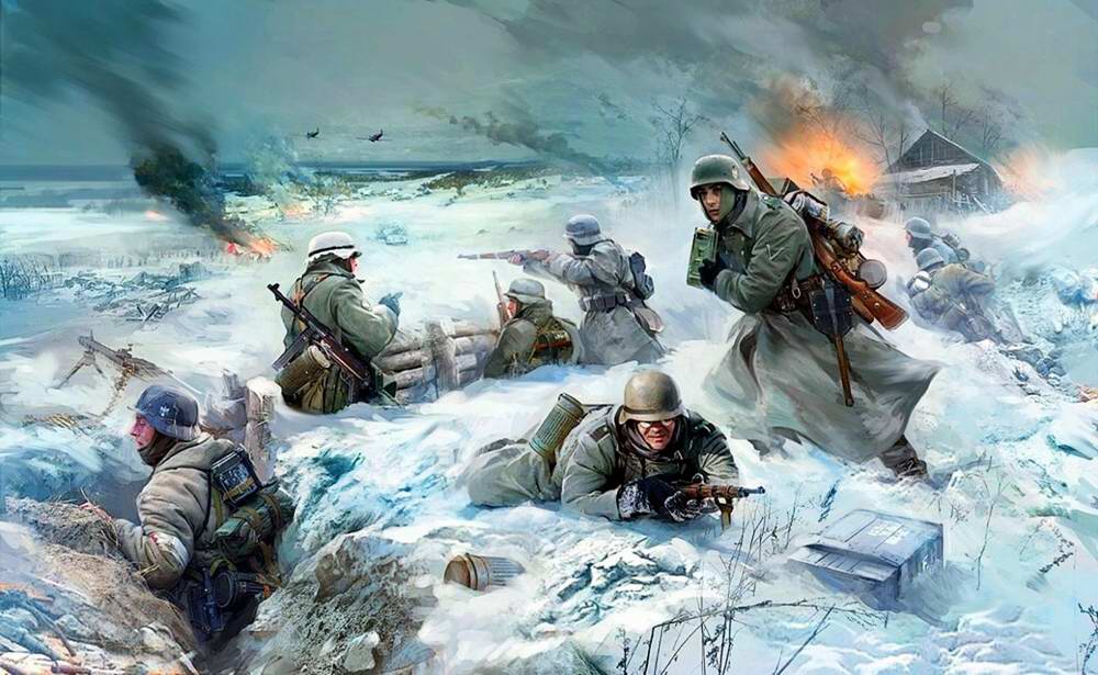 Немецкая пехота ведет бой зимой